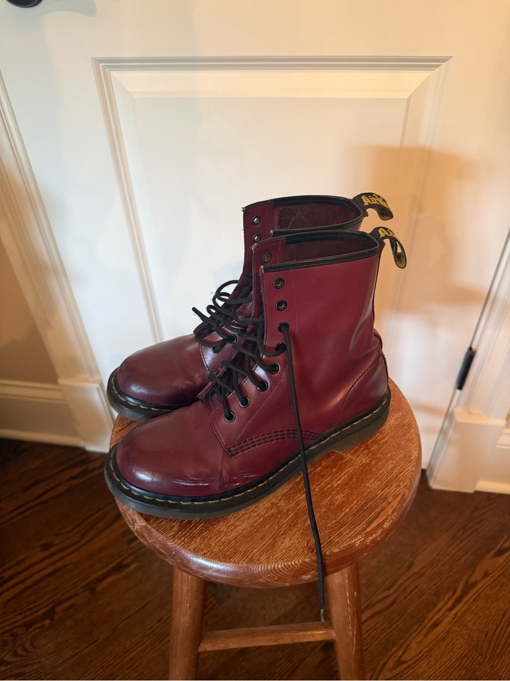 Dr. Martens Burgundy Leather Lace-Up Combat Boots with Black Laces